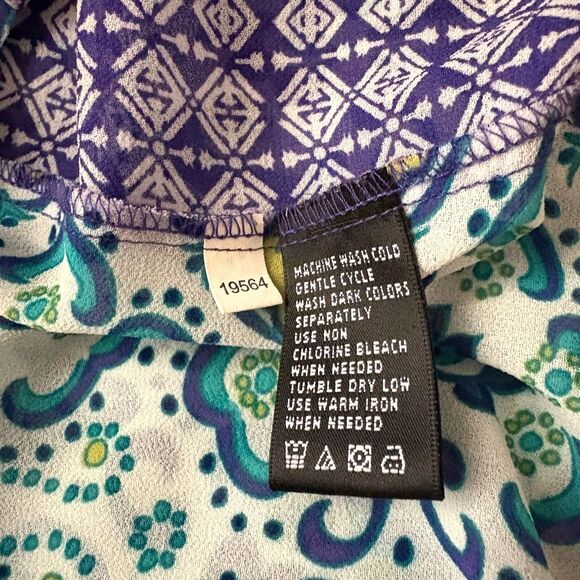 August Silk Surplice Blouse Two Tone Blue Mixed Prints Bohemian Size Medium - Picture 4 of 4
